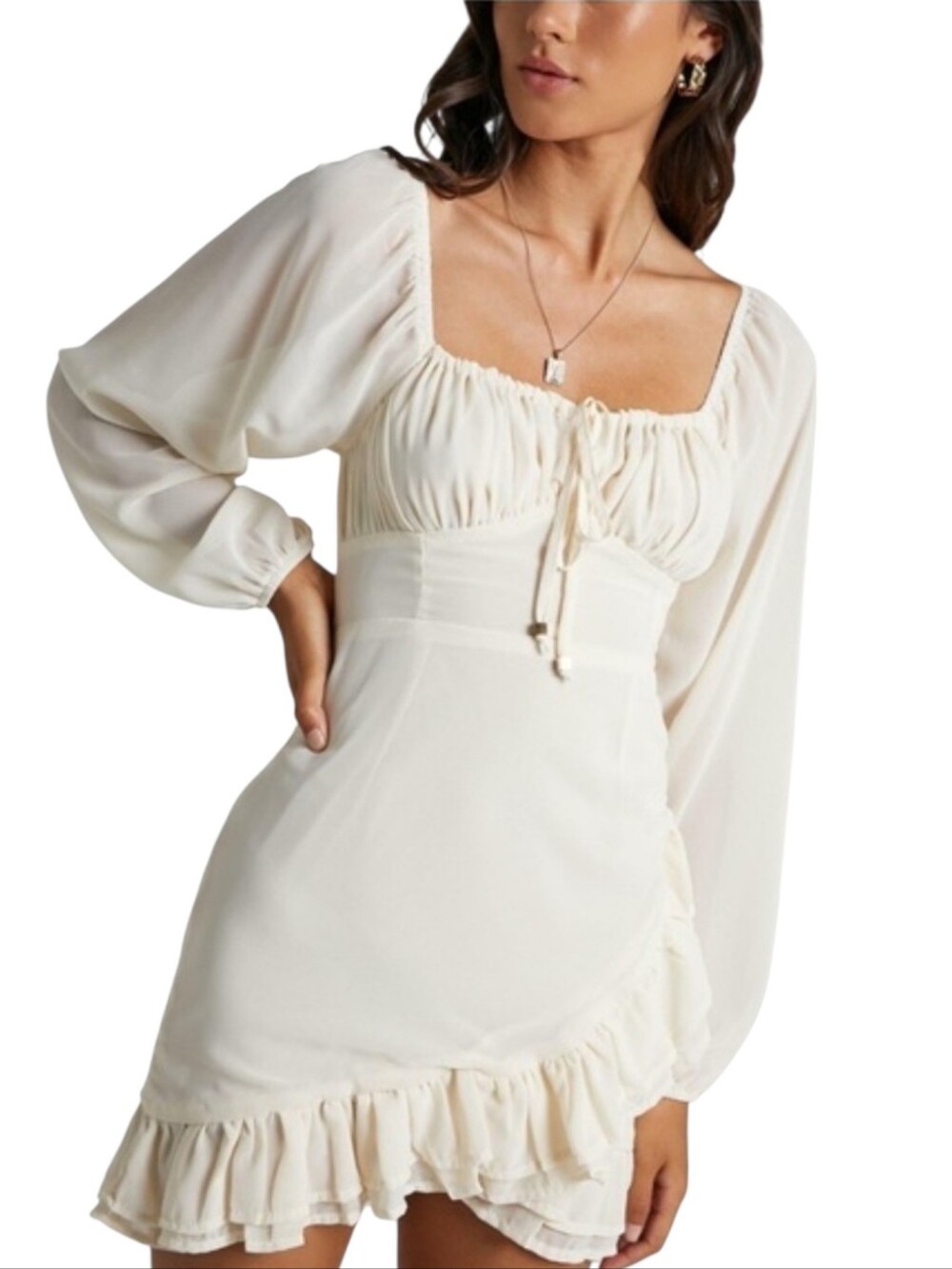Showpo Jamesina Cream Long Puff Sleeves Ruffle Wrap Mini Dress Womens Size 8
